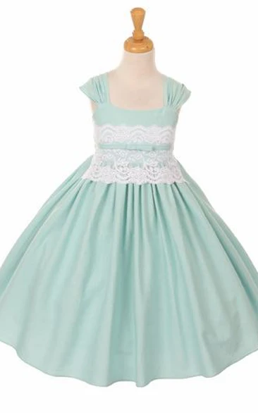 Ruched Lace Tea-Length Flower Girl Dress with Straps