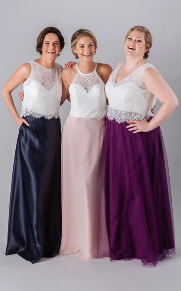 Lace Floor-Length Sleeveless Bridesmaid Dress with Scoop Neck