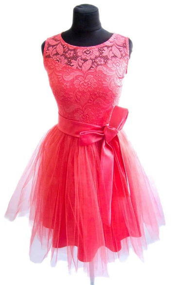 Lace and Tulle Mini Dress with Satin Belt for Bridesmaids