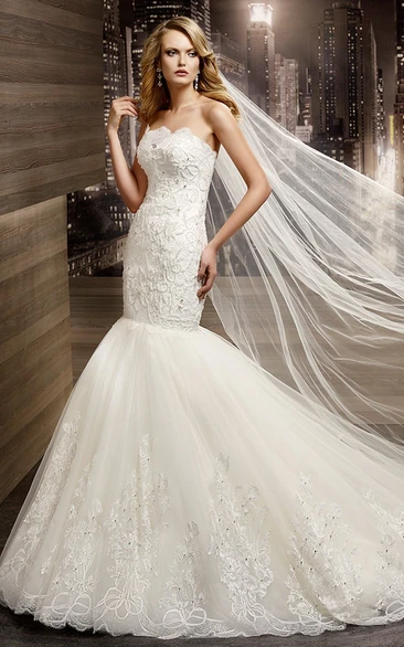 Lace Mermaid Wedding Dress with Appliques and Brush Train