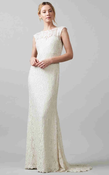 Lace Jewel-Neck Sheath Wedding Dress with Brush Train Elegant Bridal Gown