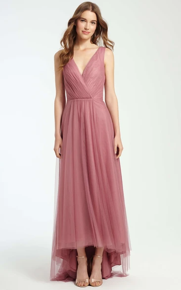 Sleeveless V-Neck Ruched Tulle Bridesmaid Dress High-Low Style