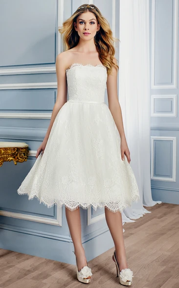 Lace Wedding Dress with V Back Strapless Tea-Length