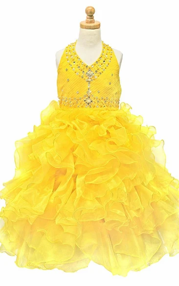Ruffled Tea-Length Flower Girl Dress with Sequins and Ribbon Glamorous and Flowy