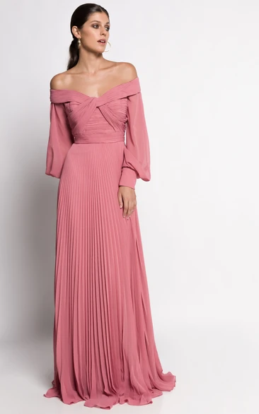 Off-the-shoulder A Line Chiffon Evening Dress with Pleats and Flowy Skirt