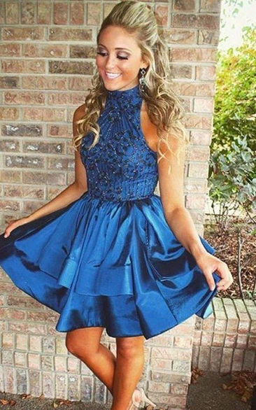 High Neck Taffeta Homecoming Dress with Beading and Tiers Formal Dress