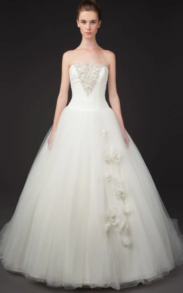 Long Strapless Beaded Tulle Wedding Dress Ball-Gown Sleeveless Ruched Flower Bridal Gown