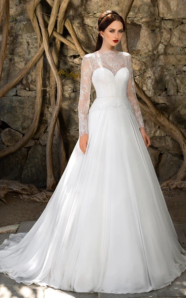 High-Neck Illusion-Sleeve A-Line Dress with Lace Appliques and Pleatings