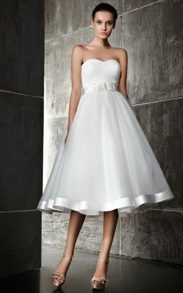 Sweetheart Tea Length A-Line Wedding Dress with Illusion Tulle and Lace