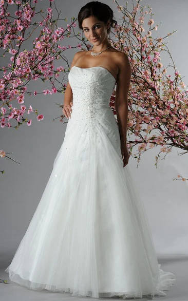 A-Line Bridal Gown with Tulle Skirt and Crystal Strapless Top