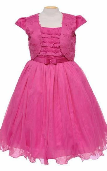 Bowed Tulle&Satin Flower Girl Dress with Embroidery Short Bridesmaid Dress Unique