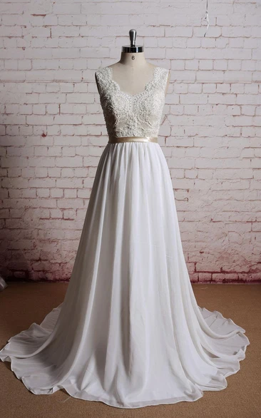 Long Chiffon Bridal Gown with Champagne Lining V-Neck & Flowy