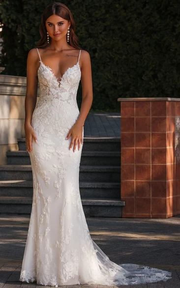 Mermaid V-neck Lace Wedding Dress Simple Casual Sexy Elegant