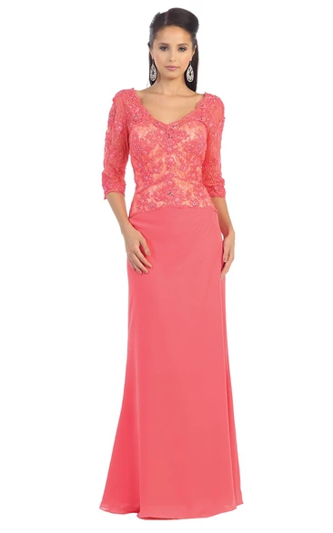 Lace Sheath V-Neck Half Sleeve Jersey Bridesmaid Dress with Low-V Back