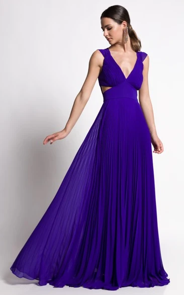Vintage A Line Prom Dress with V-neck Chiffon and Pleats