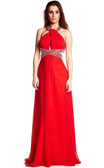 Maxi Beaded Chiffon Prom Dress Sleeveless Halter Brush Train