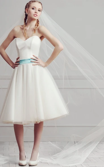 Knee-Length Satin and Tulle Sweetheart Wedding Dress A-Line Sleeveless