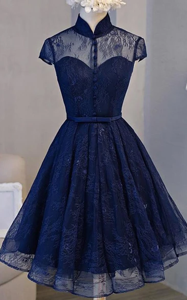 Short Sleeve Lace A-Line Homecoming Dress with Keyhole and Sash Casual Formal Dress