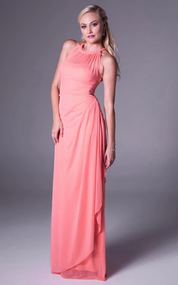 Draped Illusion Sleeveless Chiffon Bridesmaid Dress with Scoop Neck