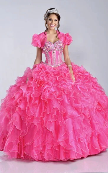 Cascading Ruffle Sequined Ball Gown Formal Dress with Jacket