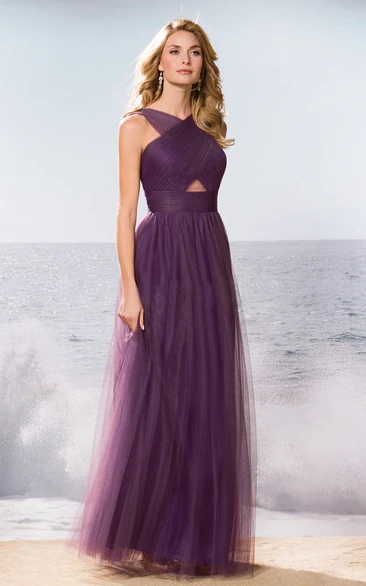 Sleeveless Tulle Gown With Pleats And Keyhole Romantic Sleeveless Tulle Bridesmaid Dress with Pleats and Keyhole