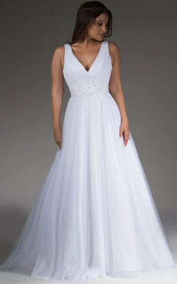 Crystal Waist A-Line Tulle Wedding Dress with Pleated V Neck