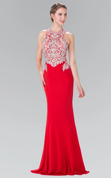 Sleeveless Sheath Jersey Illusion Dress with Beading and Appliques Elegant Formal Dress