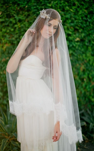 Long Trailing Soft Veil with Lace Edge Lace Applique Wedding Dress Accessory