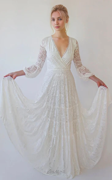 Deep V-Neck Simple Boho Informal Lace Long Sleeve Floor Length Wedding Dress