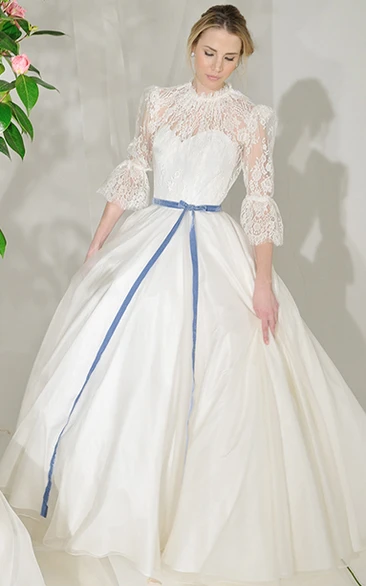 Maxi Satin Wedding Dress with Puff-Sleeves and Lace High Neckline