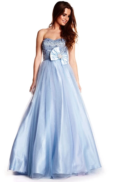 Long A-Line Tulle and Satin Prom Dress with Beaded Bodice and Strapless Design