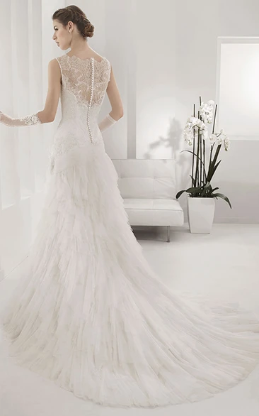 Mermaid Tulle Ball Gown with Lace Illusion Back and Tiered Skirt Stunning Wedding Dress
