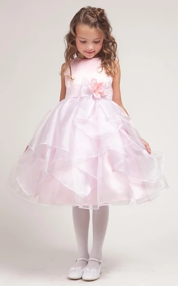 Organza and Satin Flower Girl Dress Tea-Length Style with Split-Front and Bow