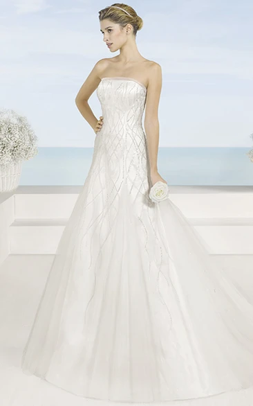 Beaded A-Line Satin Wedding Dress with Court Train Sleeveless & Strapless