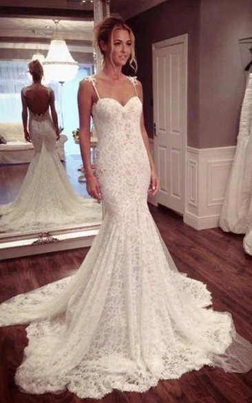 Lace Mermaid Wedding Dress with Court Train and Spaghetti Straps