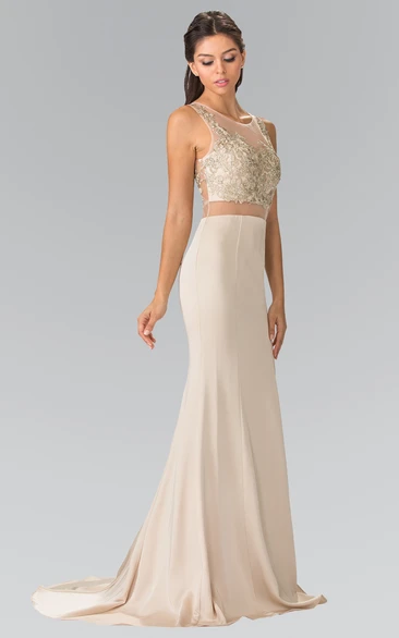 Sheath V-Neck Sleeveless Jersey Illusion Dress With Beading Prom Dress