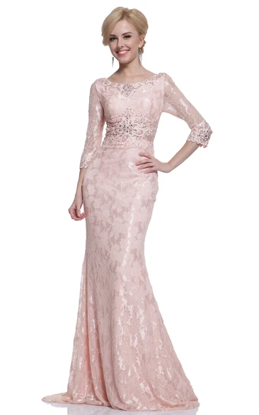 Sheath Lace Beaded Prom Dress with Brush Train and Half Sleeves