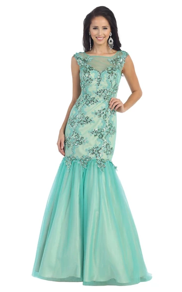 Applique Sequin Mermaid Formal Dress with Bateau Illusion Neckline