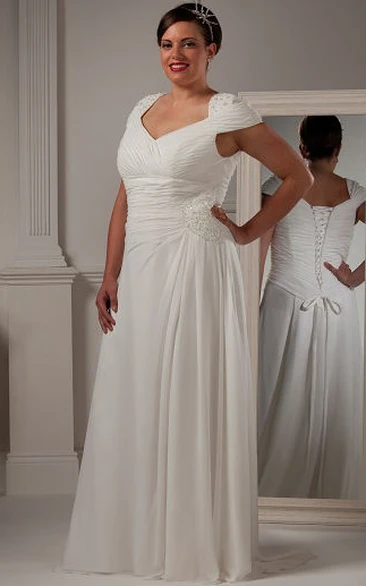 V Neck Cap Sleeve Bridal Gown with Pleated Skirt and Waist Flower Wedding Dress