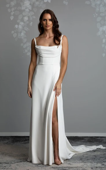 Sexy Sheath Wedding Dress with Scoop Neckline Court Train and Open Back