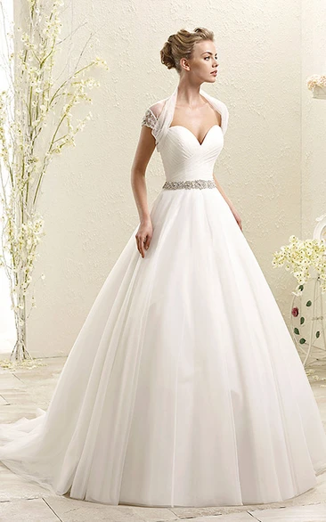 Caped Sweetheart Tulle Wedding Dress with Jewelled Waist Ball Gown Style