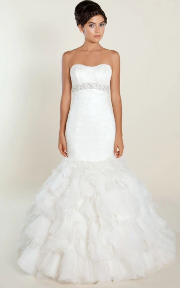 Strapless Tulle & Lace Wedding Dress with Jeweled Appliques Trumpet Floor-Length Ruffles