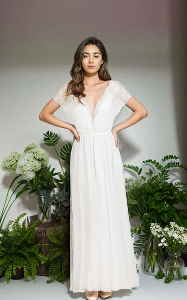 Bohemian Lace Short Sleeve Sexy Plunging Neckline A-Line Floor-length Wedding Dress with Ribbon Deep-V Back