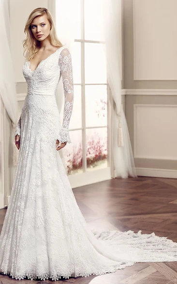 Long-Sleeve Lace V-Neck Wedding Dress with Train