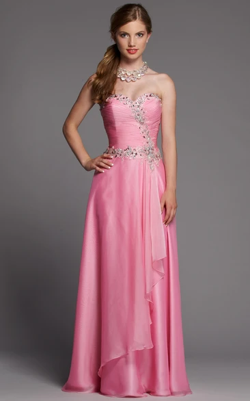 Satin A-Line Formal Dress with Beaded Bodice and Criss Cross Back