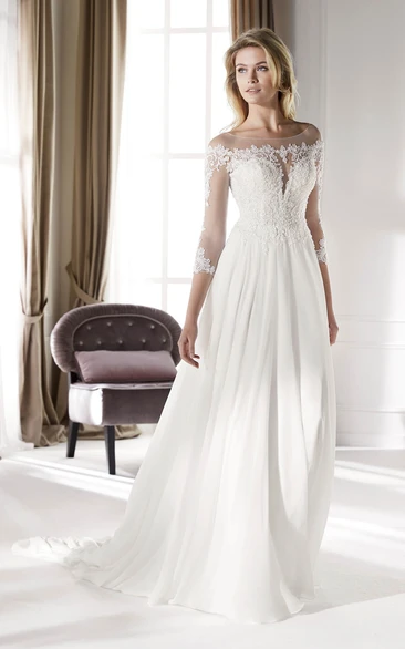 Illusion Lace Chiffon Wedding Gown with Court Train and Ethereal 3/4 Sleeves Modern Bridal Dress