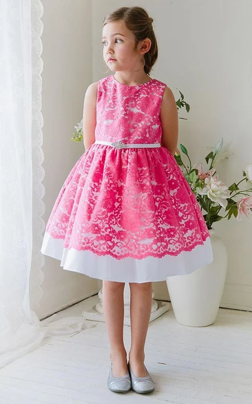 Beaded Lace & Satin Tea-Length Flower Girl Dress with Ribbon Classy Bridesmaid Dress