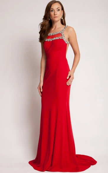 Beaded Square Sleeveless Jersey Prom Dress with Brush Train Elegant Sheath Style