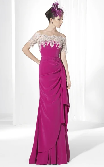Maxi Jersey Prom Dress with Off-The-Shoulder and Side-Draped Flowy Prom Dress 2024