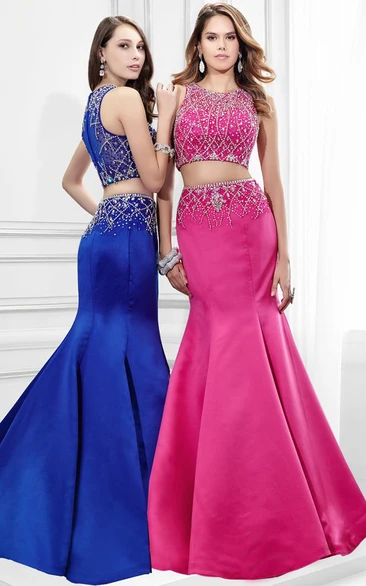 Mermaid Satin Prom Dress with Beaded Scoop Neckline Maxi Length